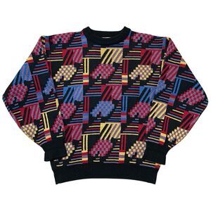 Vintage 80s Bonjour International Acrylic Sweater Small Geometric Pattern Korea